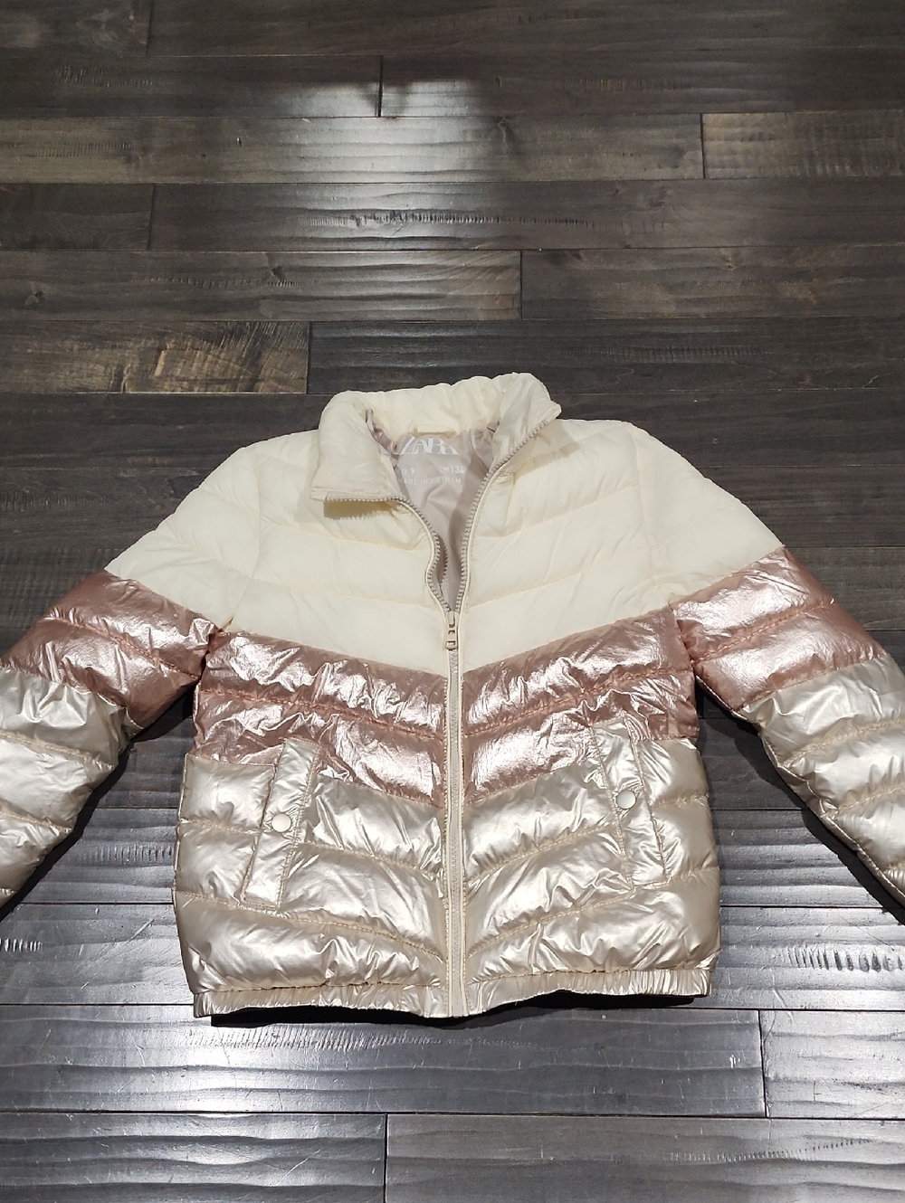 Zara Metallic Rose Gold & Cream Puffer Jacket